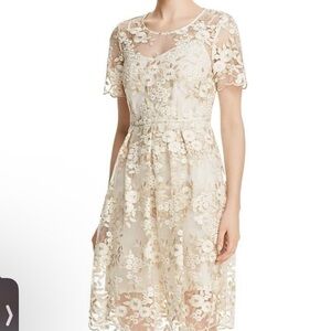 T-Tahari-white-and-gold-floral-knee-length-embroidered-dress-with-scalloped